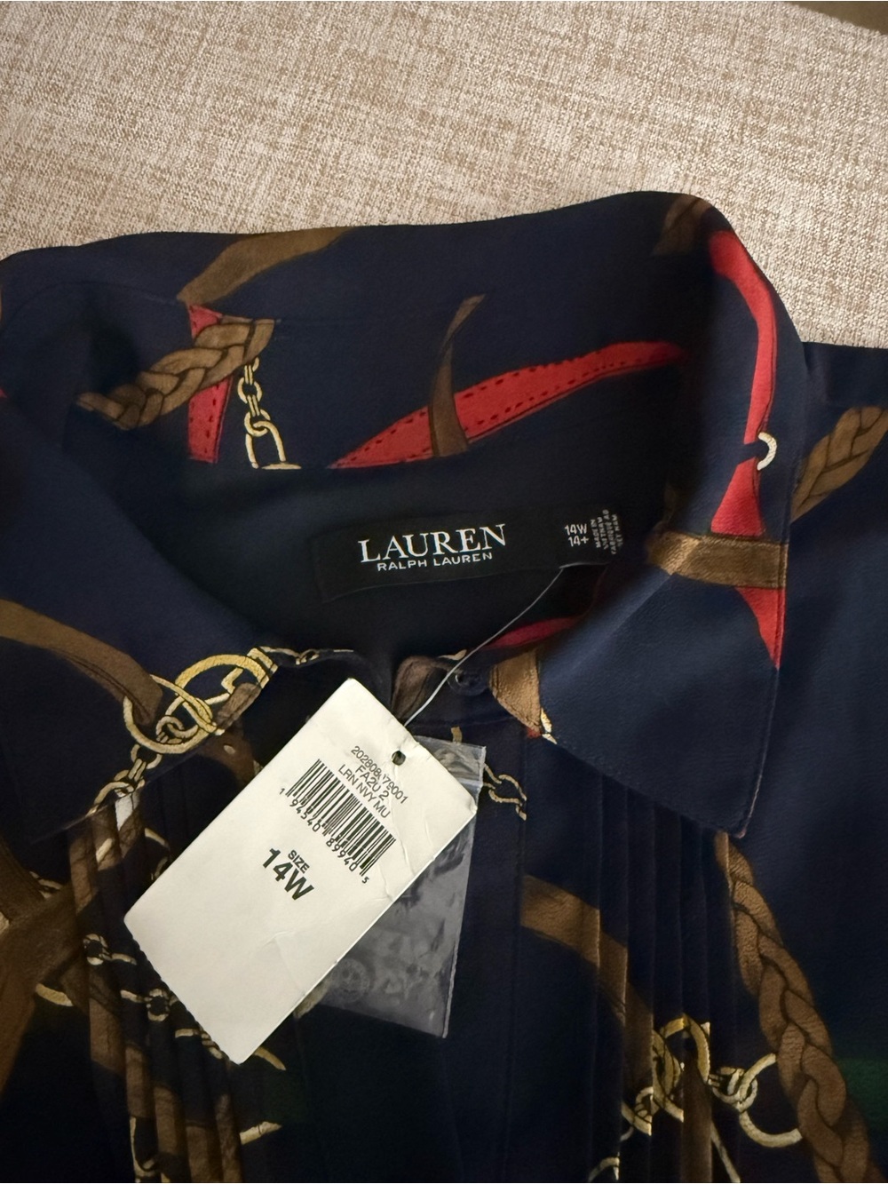 Lauren Ralph Lauren Plus Size 14W Navy Equestrian Chain Print Dress NWT No Belt